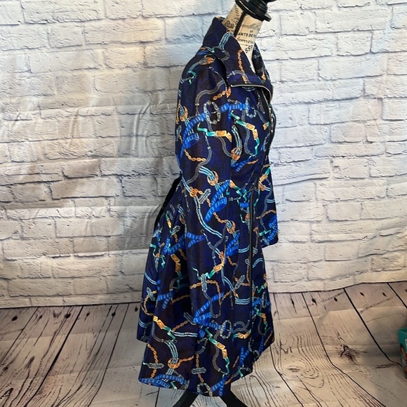 Samuel Dong Navy and Gold Patterned Trench Coat Size Small Double Zipper - Picture 3 of 12